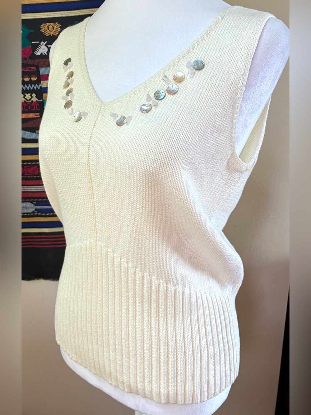 VTG 90s Liz Claiborne Knit Embellished V-Neck Sweater Tank S Coastal